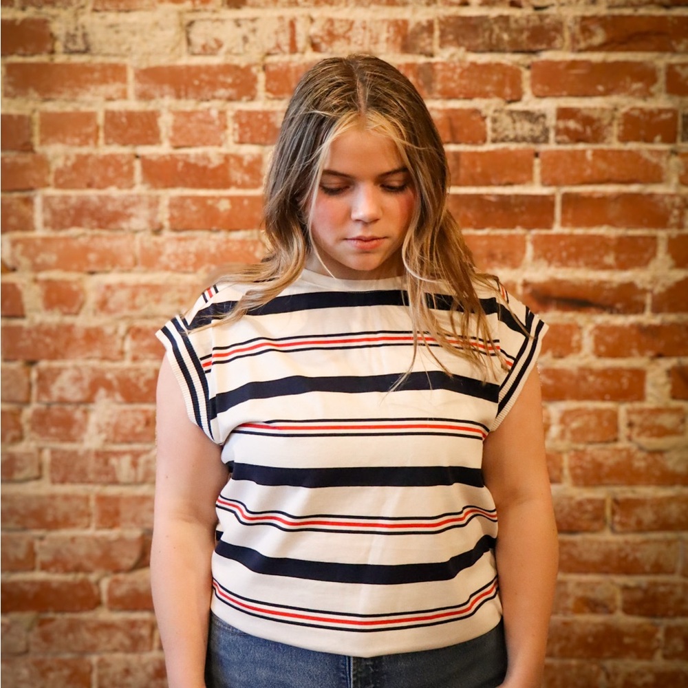 Striped Cap-Sleeve Tank Top in Cream, Navy & Red